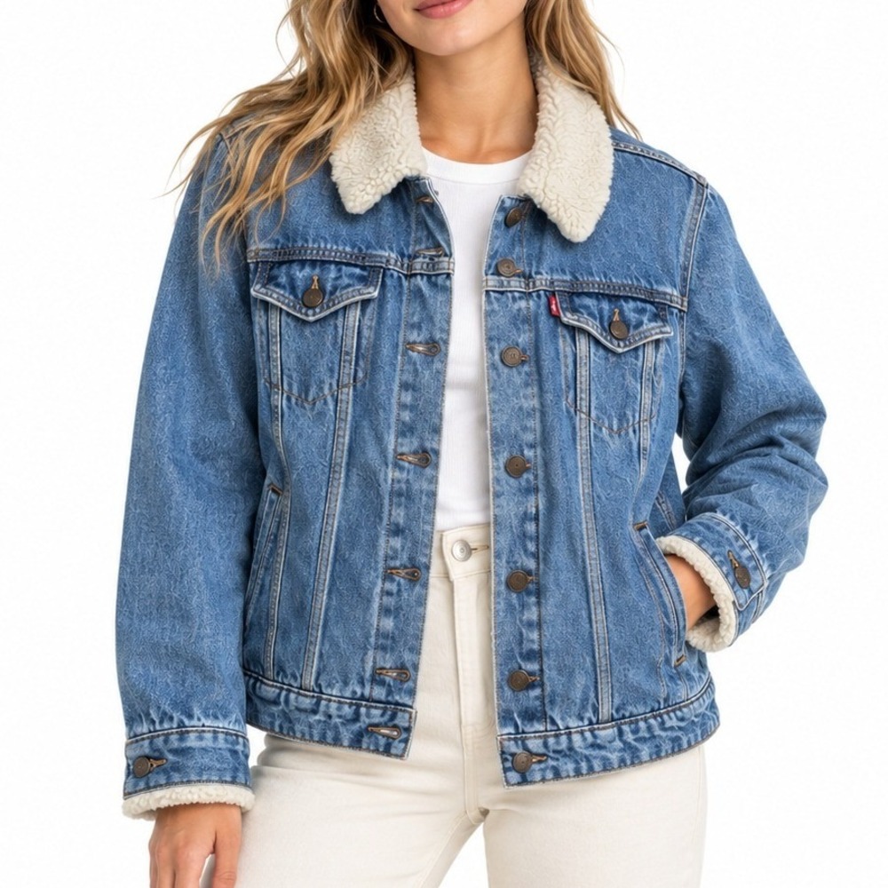 Levi's Sherpa Lined Trucker Jacket Women 2X Blue Denim 36256-0003 Classic Coat